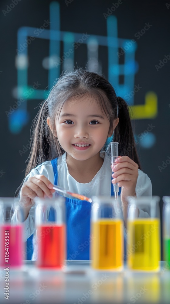 Little girl scientist enjoy and excite to examine the color chemical in laboratory by using dropper Little girl scientist enjoy and excite to examine the color chemical in laboratory by using dropper