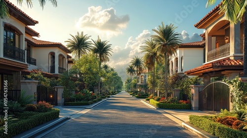 Serene suburban street lined with palm trees and lush gardens.