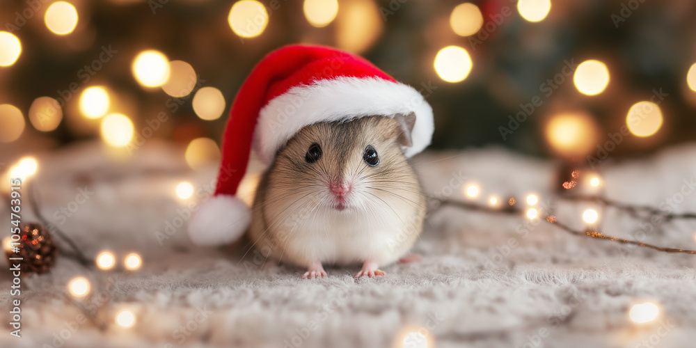 Obraz premium Cute hamster wearing santa hat celebrating christmas with blurred lights