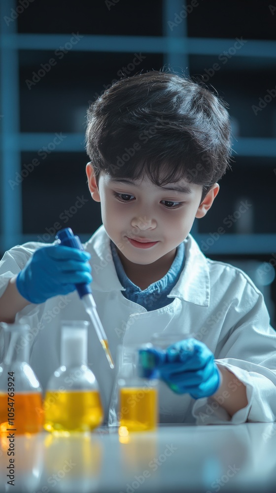 Little teenage boy scientist enjoy and excite to examine the color chemical in laboratory by using dropper Little teenage boy scientist enjoy and excite to examine the color chemical in laboratory by using dropper