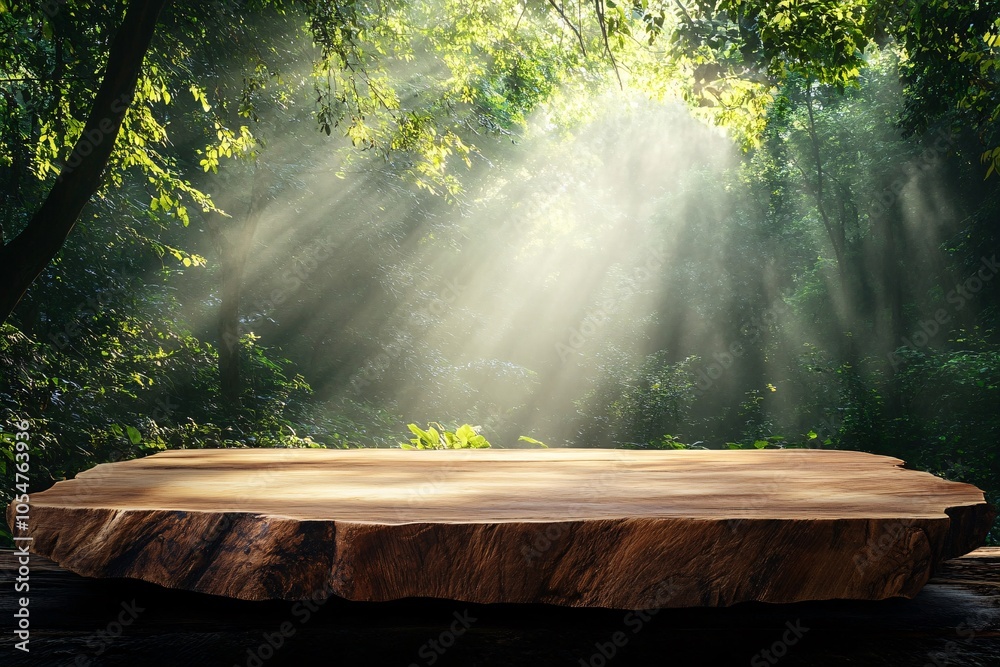 A wooden slab placed in a sunlit forest, showcasing natural textures and sunlight filtering through the trees, creating a serene ambiance. A wooden slab placed in a sunlit forest, showcasing natural textures and sunlight filtering through the trees, creating a serene ambiance.