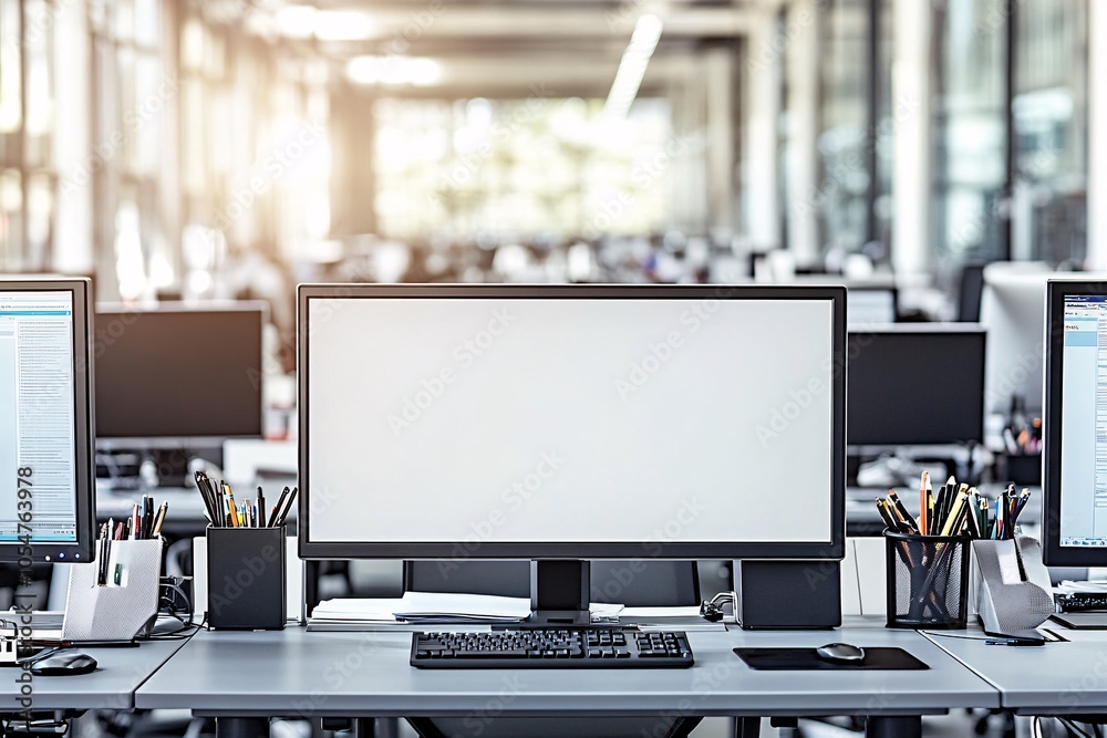 Modern Office Workspace with Blank Computer Monitor Modern Office Workspace with Blank Computer Monitor