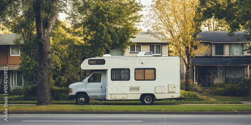 Fototapeta Naklejka Na Ścianę i Meble -  Camper van parked on suburban street symbolizing travel and freedom