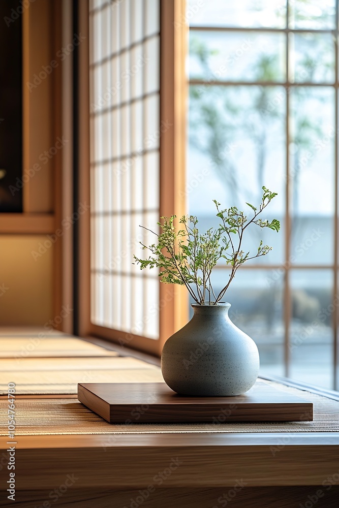 Minimalist Zen Japanese Vase with Greenery on Wooden Platform by Window Light : Generative AI