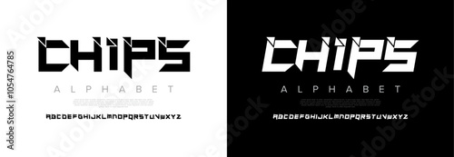 Chips creative modern geometric urban alphabet font. Digital abstract futuristic, game, techno, robot, music, logo, sport, minimal technology typography. Simple numeric vector illustration