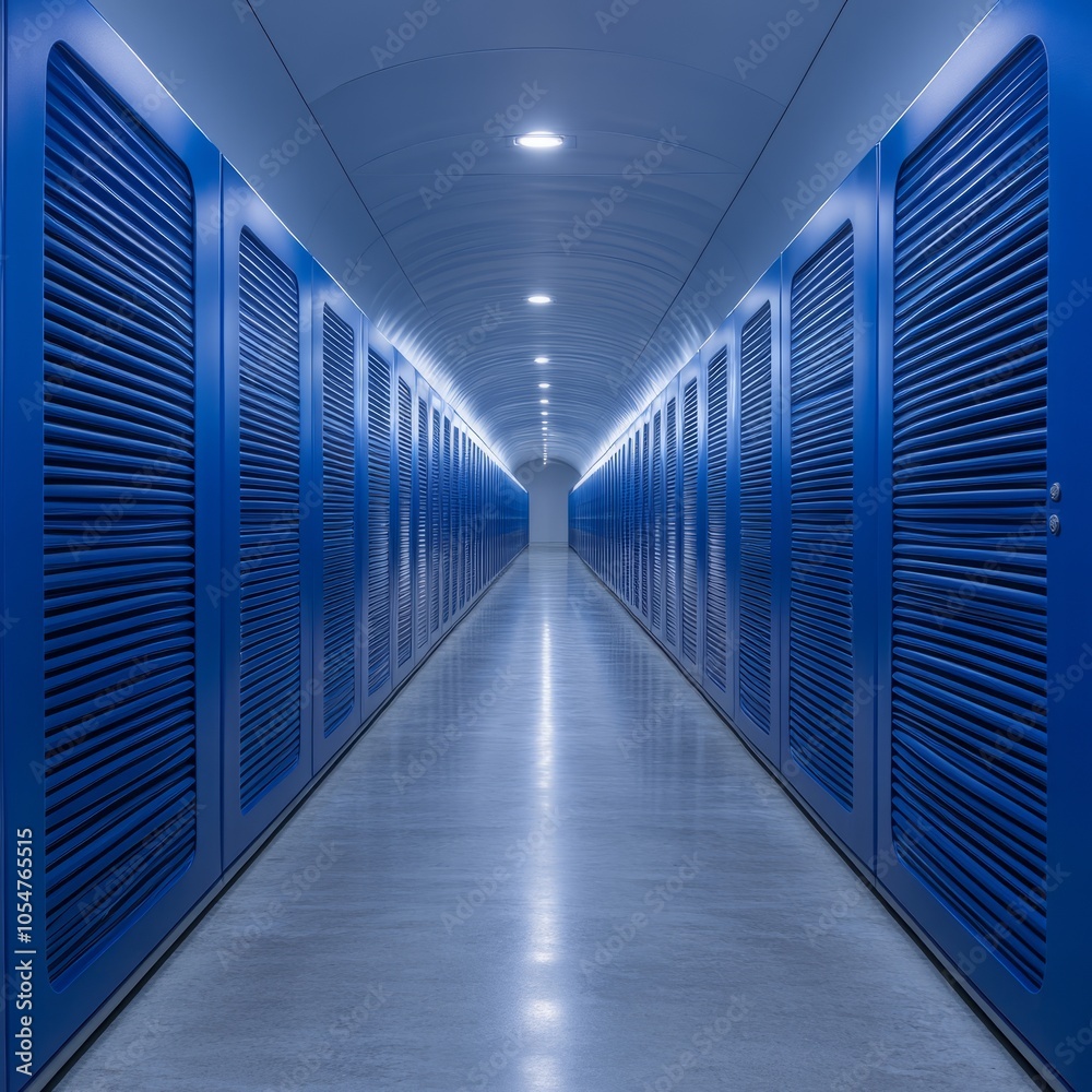 A long corridor with blue storage units and bright lighting. A long corridor with blue storage units and bright lighting.