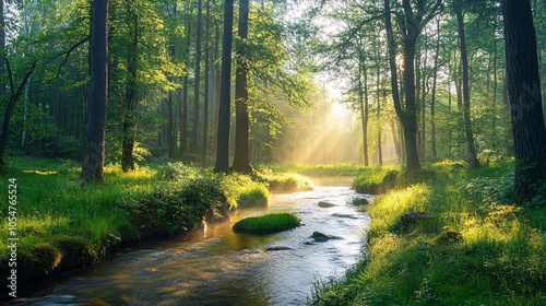 Serene forest landscape with dappled sunlight filtering through trees, casting reflections on a gentle stream in a peaceful natural setting.