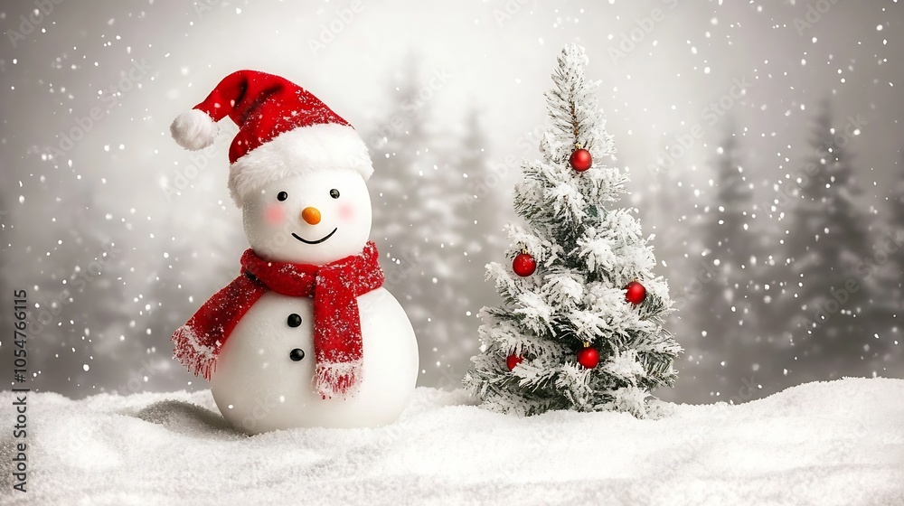 Charming Snowman Adorned with Red Scarf and Santa Hat in Snowy Forest Setting : Generative AI Charming Snowman Adorned with Red Scarf and Santa Hat in Snowy Forest Setting : Generative AI
