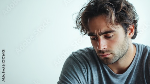 Sad Man Staring Down with Pensive Expression photo