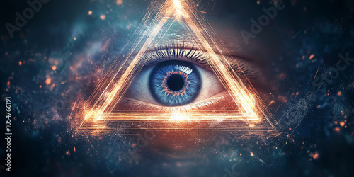 All-seeing eye watching from behind glowing triangle symbolizing providence photo