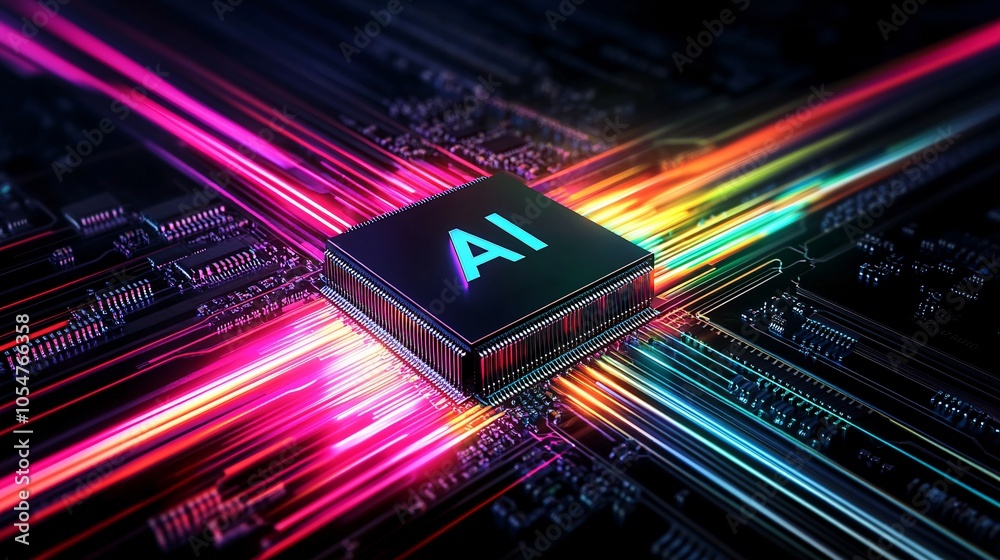 Obraz premium A vibrant illustration of a microchip with AI lettering, surrounded by colorful data streams representing machine learning and artificial intelligence.