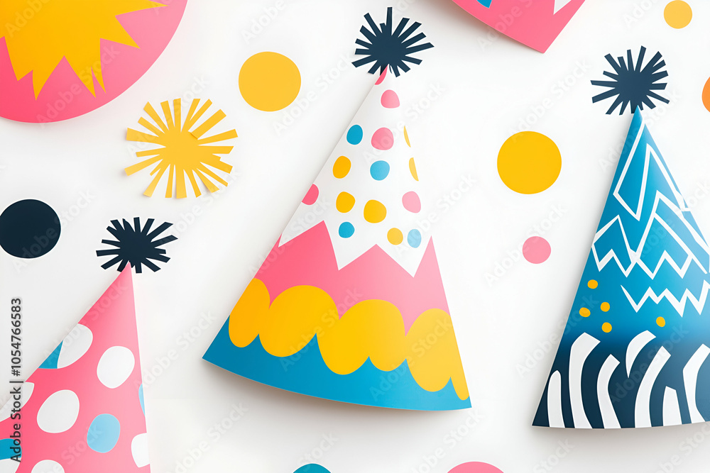 Obraz premium Colorful Party Hats with Fun Patterns and Confetti for Festive Celebration Decor