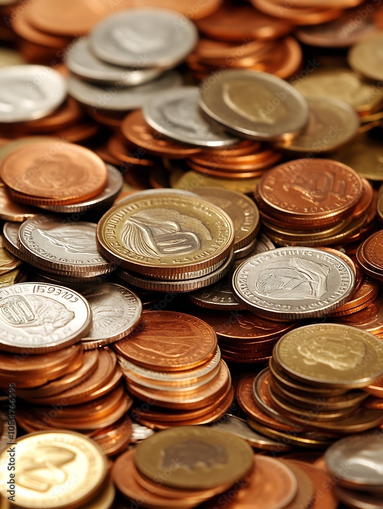 Closeup View of Colorful Euro Coins in Various Denominations Piled on a Flat Surface : Generative AI Closeup View of Colorful Euro Coins in Various Denominations Piled on a Flat Surface : Generative AI