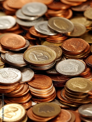 Closeup View of Colorful Euro Coins in Various Denominations Piled on a Flat Surface : Generative AI