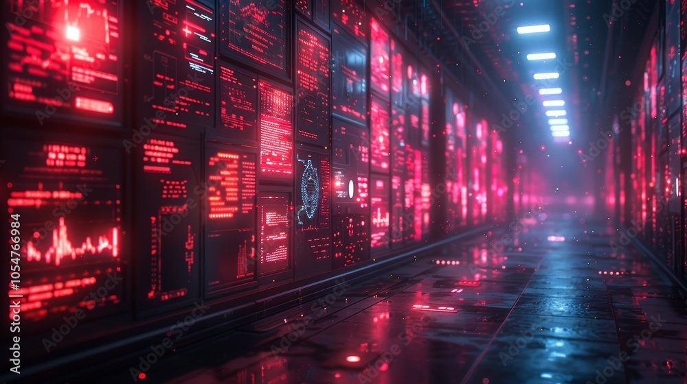 Futuristic Digital Corridor with Neon Lights and High-Tech Displays in a Sci-Fi Environment Futuristic Digital Corridor with Neon Lights and High-Tech Displays in a Sci-Fi Environment
