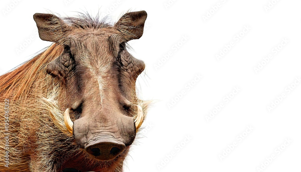 Fototapeta premium Warthog are pigs who live in semi open habitats, arid regions, in sub Saharan Africa. Know from two species the desert - Phacochoerus aethiopicus - and common P. africanus. Isolated white background