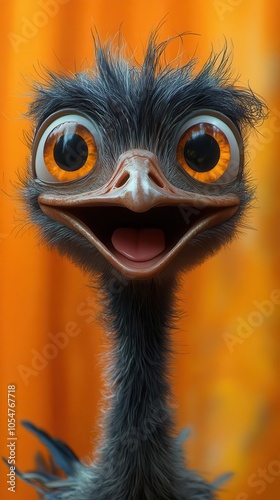 cartoonish ostrich character beams with a big smile against a bright orange backdrop exuding a playful and whimsical vibe perfect for childrens decor or lighthearted illustrations photo