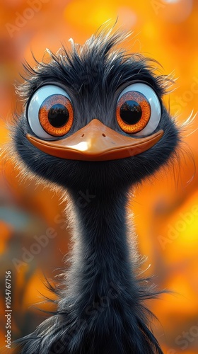 cartoonish ostrich character beams with a big smile against a bright orange backdrop exuding a playful and whimsical vibe perfect for childrens decor or lighthearted illustrations photo