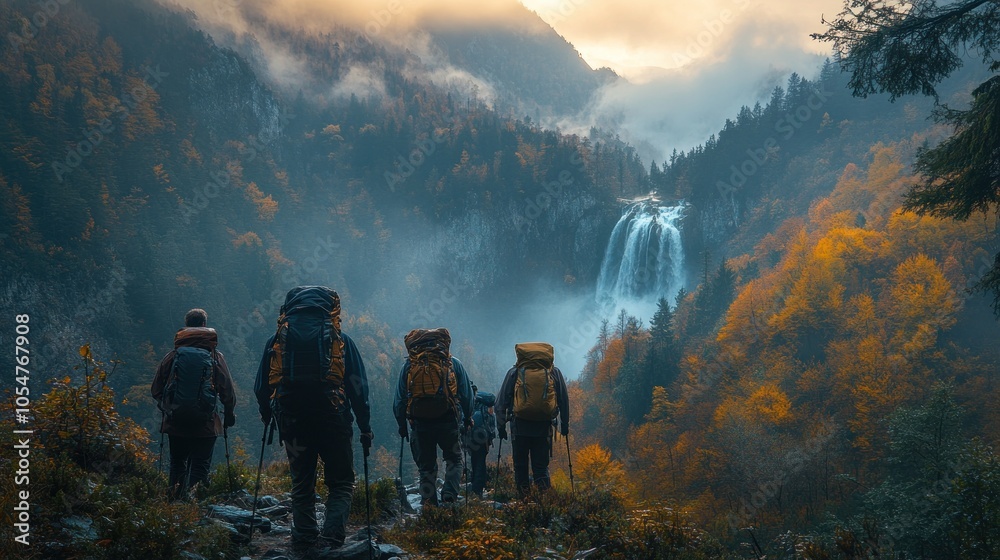 Hikers admire a waterfall in a vibrant autumn landscape. Hikers admire a waterfall in a vibrant autumn landscape.