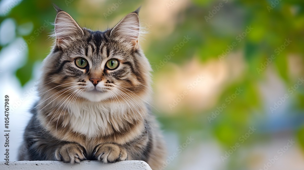 Majestic LongHaired Tabby Cat with Green Eyes Relaxing in a Sunlit Garden : Generative AI Majestic LongHaired Tabby Cat with Green Eyes Relaxing in a Sunlit Garden : Generative AI