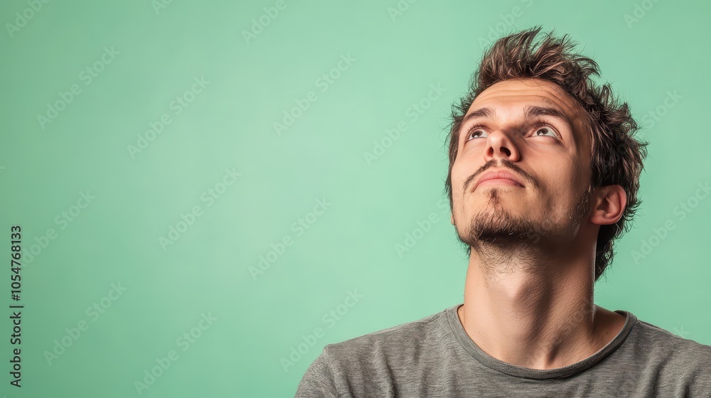 Thoughtful Man Gazing Up with Contemplative Expression Thoughtful Man Gazing Up with Contemplative Expression