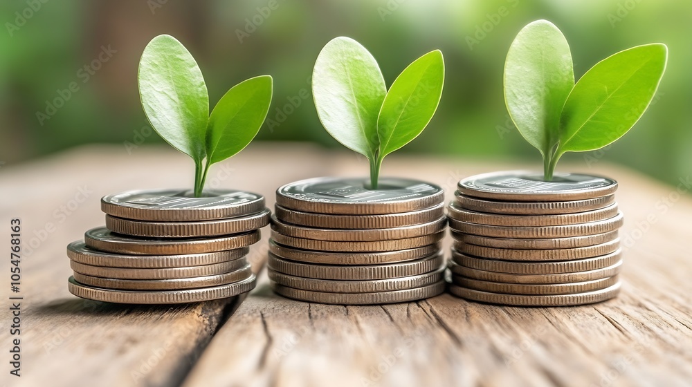 Growth and sustainability symbolized by coin stacks with emerging green seedlings on top : Generative AI