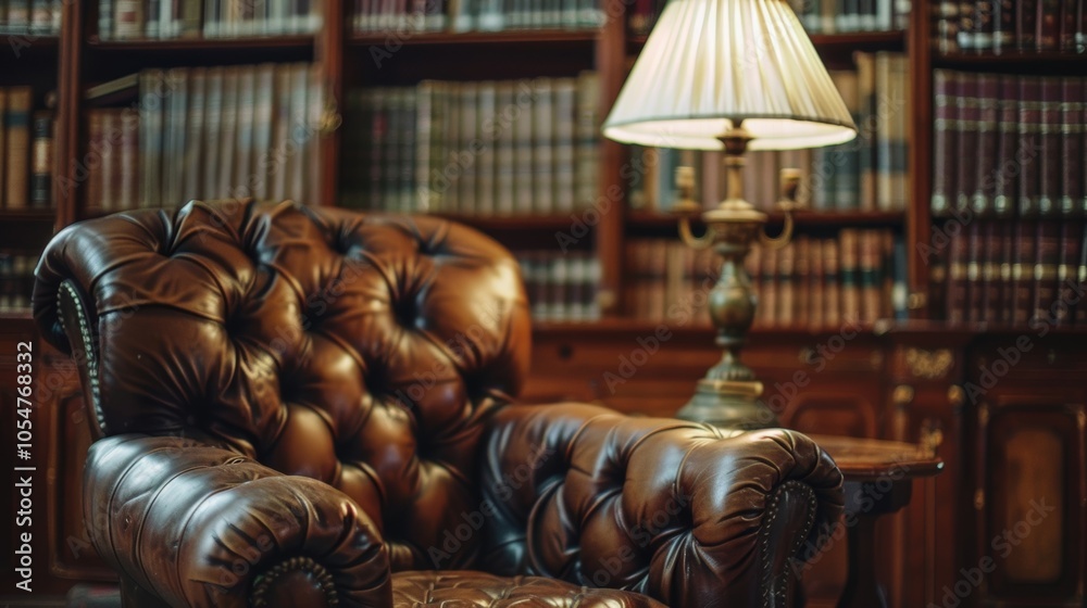 Fototapeta premium A closeup of an antique desk lamp illuminating a worn leather armchair in the librarys specialized rare book collection room.