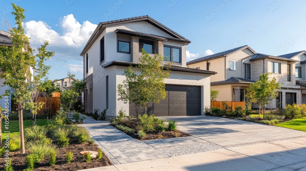 Modern two-story house with landscaped yard and driveway in a suburban neighborhood.