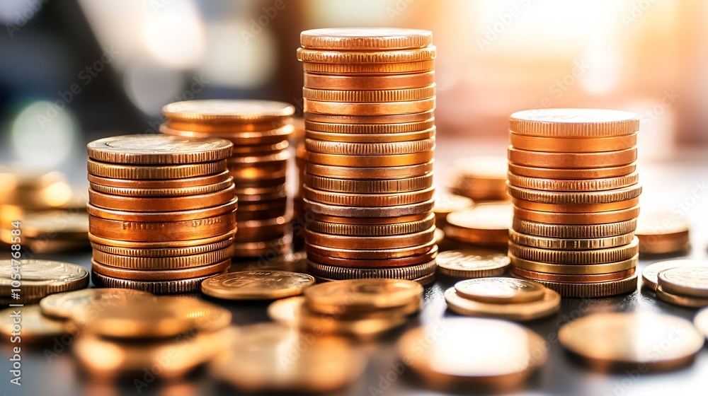 Stacked Gold Coins on Reflective Surface for Wealth and Investment Concept : Generative AI Stacked Gold Coins on Reflective Surface for Wealth and Investment Concept : Generative AI