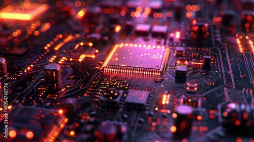 Close-up of a Glowing Microchip on a Circuit Board with Red and Orange Lights