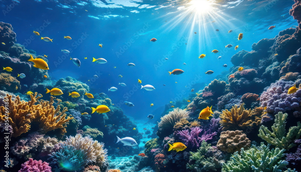 Fototapeta premium Underwater Coral Reef with Sunbeams and Fish