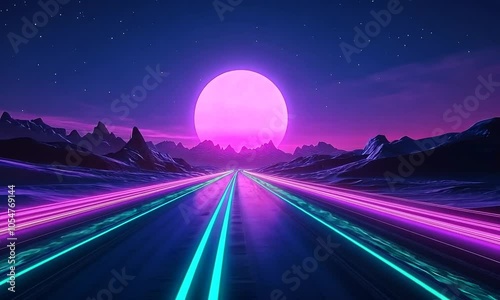 A vibrant, surreal landscape featuring a neon road leading to a large, glowing pink moon.