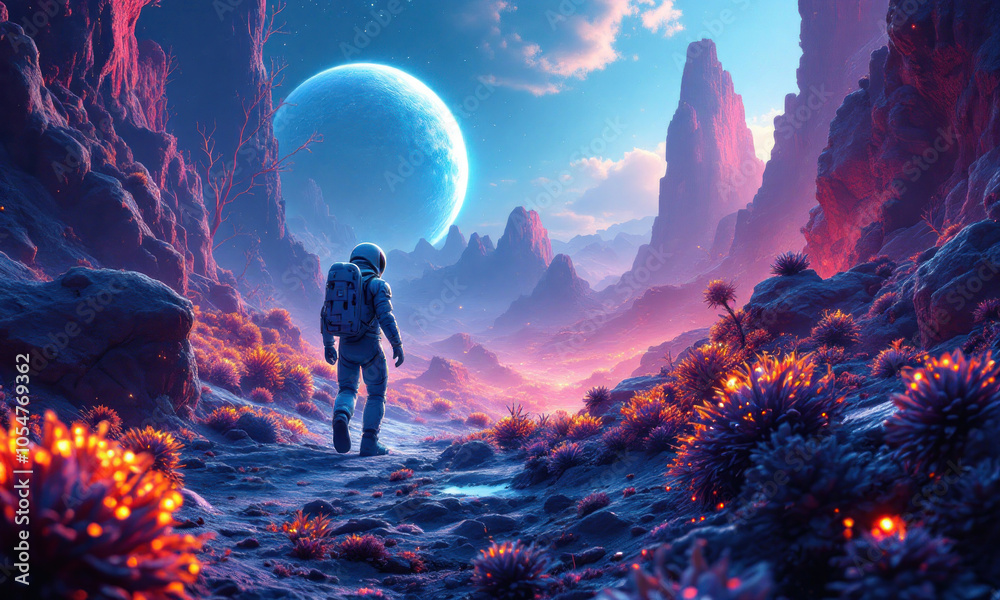Astronaut Exploring Alien Landscape Astronaut Exploring Alien Landscape