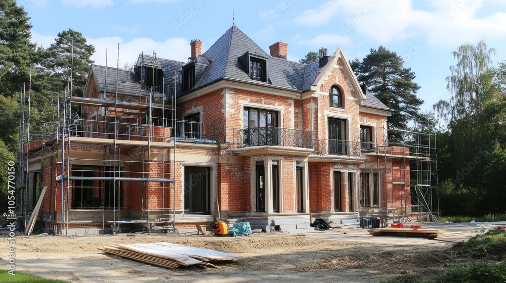 A partially constructed mansion with scaffolding and construction materials around it. A partially constructed mansion with scaffolding and construction materials around it.