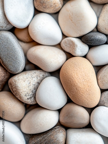 Natural Smooth River Stones in CloseUp Showing Varied Textures and Soft Tones : Generative AI