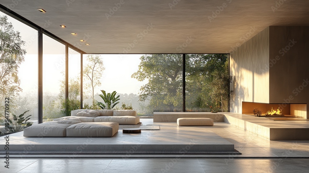 Fototapeta premium Modern living room with large windows and natural light.