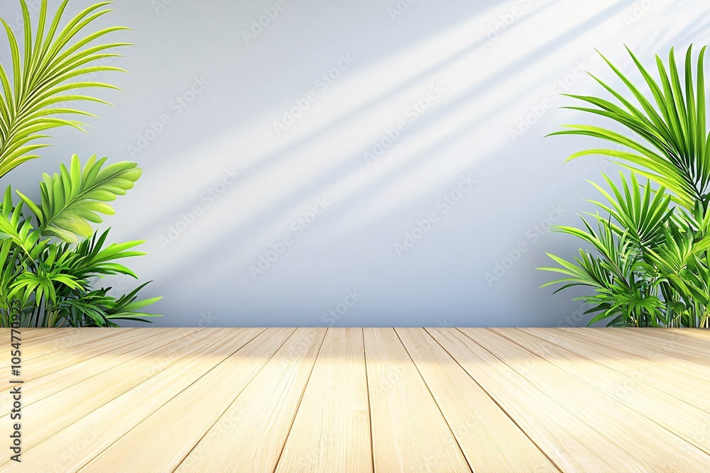 Sunlight Through Tropical Leaves on Wooden Floor Sunlight Through Tropical Leaves on Wooden Floor