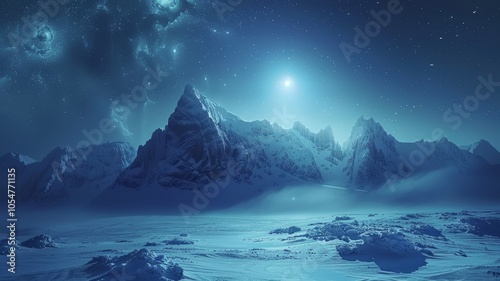 Majestic Snow-Covered Mountain Range Under a Starry Night Sky with Nebulae and Moonlight