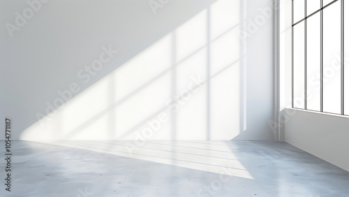 Minimalist empty room with natural sunlight and shadows