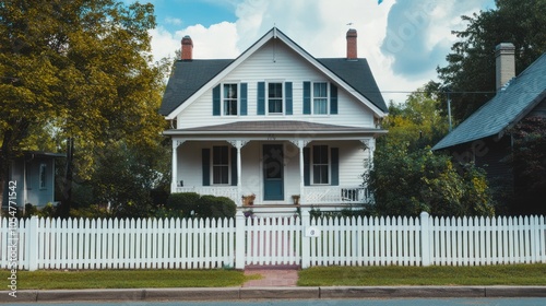 A charming white house with a porch and picket fence, surrounded by greenery.