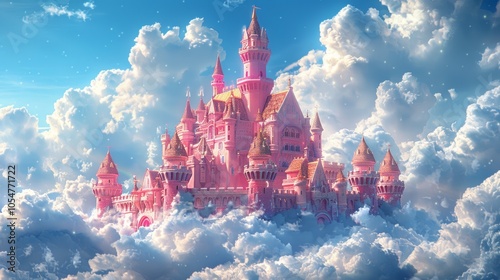 Enchanting Pink Castle in the Clouds with Blue Sky and Fluffy White Clouds - Dreamlike Fantasy Landscape