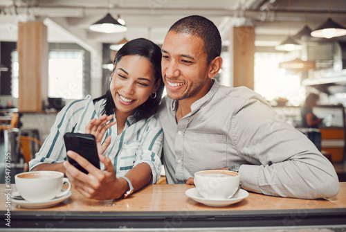 Date, love and video call with couple in coffee shop together for bonding, relationship or romance. Smile, streaming or wave with happy man and woman in restaurant for connection or conversation