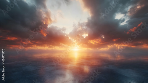 Golden Hour Sunset Over Calm Sea, Ocean, Illustration