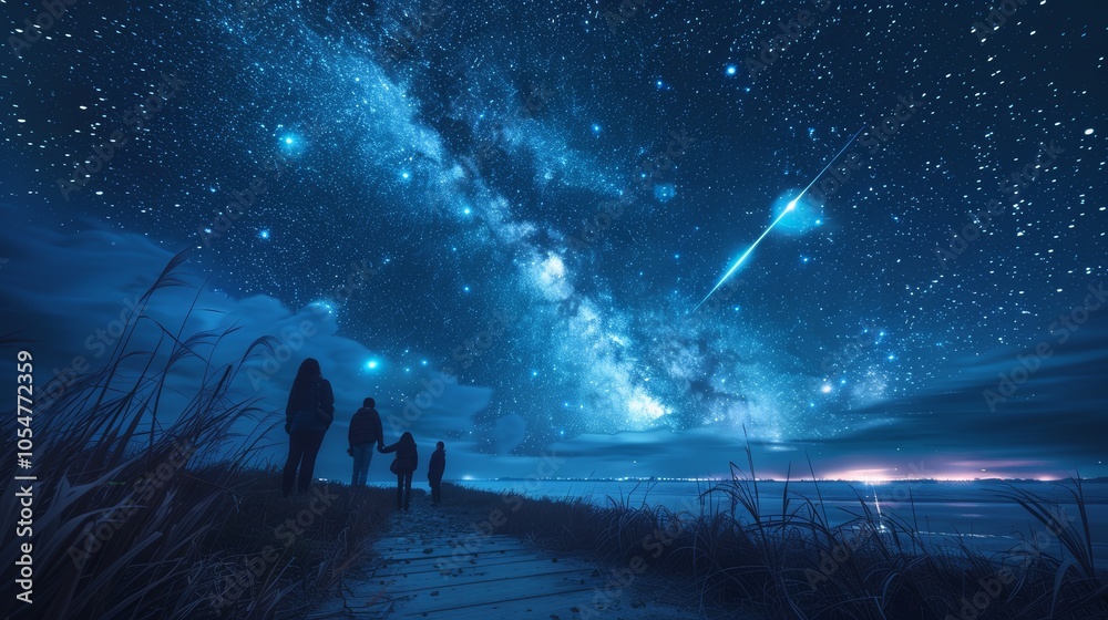 Family Enjoying Night Sky and Milky Way on Beach - Happiness and Adventure in Nature Family Enjoying Night Sky and Milky Way on Beach - Happiness and Adventure in Nature