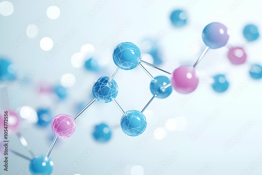 Abstract Molecular Structure with Blue and Pink Spheres, Representing Science and Chemistry Concepts