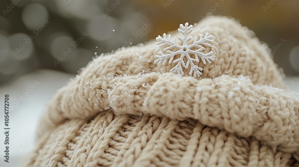 Snowflakes on a Woolen Hat in Cold Winter Day Snowflakes on a Woolen Hat in Cold Winter Day