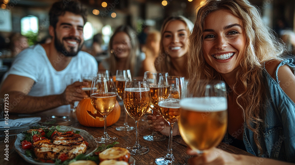 Festive Halloween scene with a table decorated with glowing pumpkins and spooky-themed drinks. The dim, atmospheric lighting adds mystery, while blurs enhance focus on pumpkins and beverages
