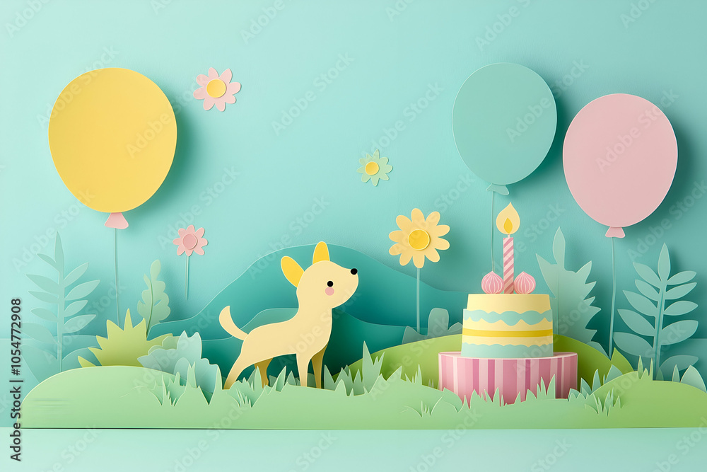 Obraz premium Cute paper-cut illustration of a dog celebrating a birthday with balloons and a cake in a grassy meadow