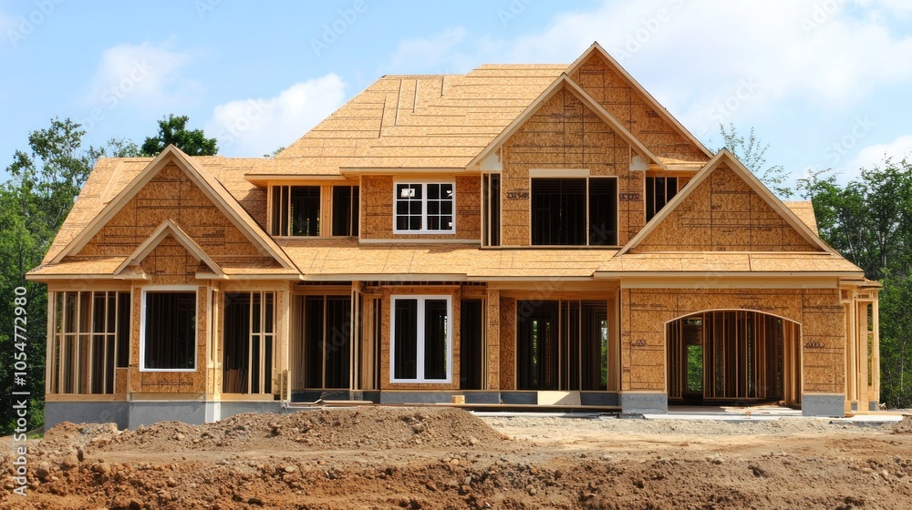 A partially constructed house showcasing wooden framing and roofing. A partially constructed house showcasing wooden framing and roofing.