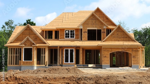 A partially constructed house showcasing wooden framing and roofing.